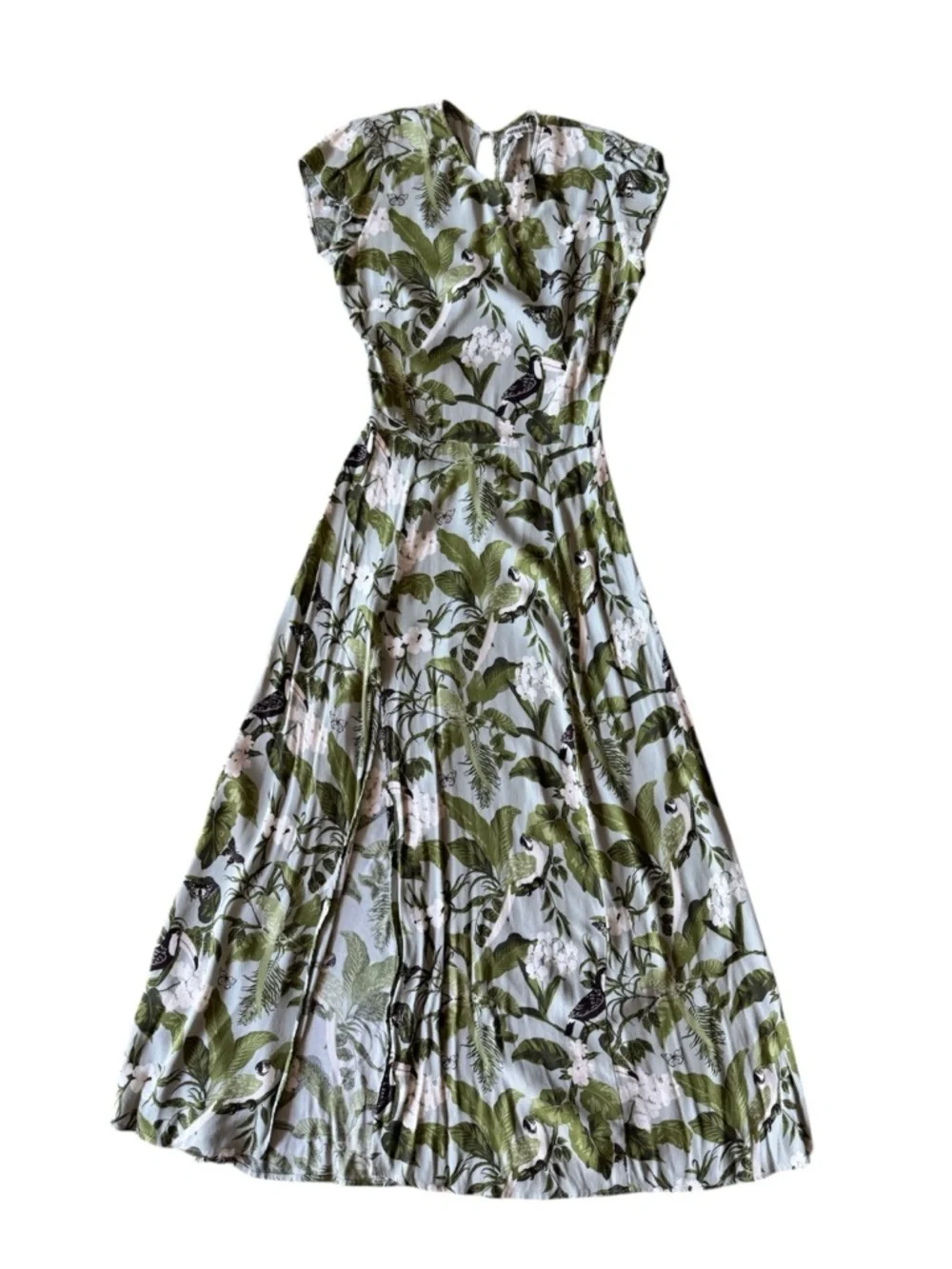 Reformation Gavin Dress Tropical Green Slit Open Back Parrots Birds Butterflies - Picture 3 of 11